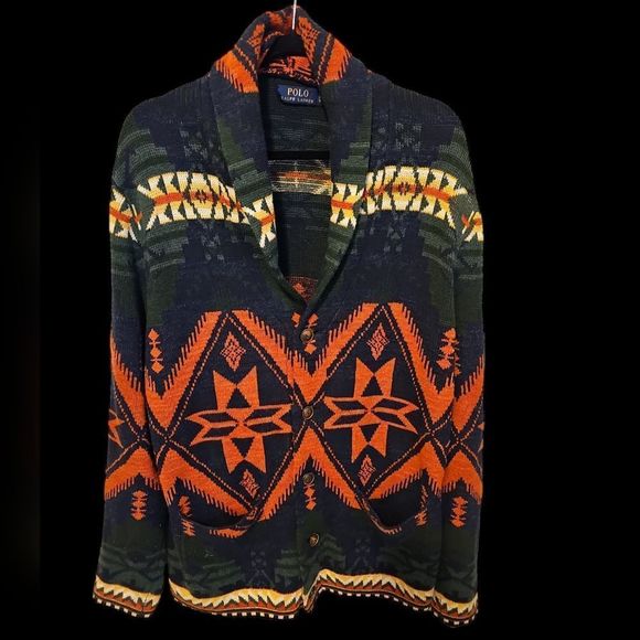 SOLD!! POLO RALPH LAUREN Aztec Shawl Neck Button Up Knitted Cardigan - Large - Picture 1 of 5